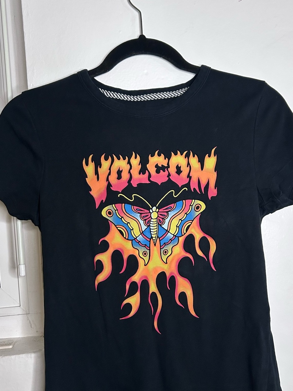 Volcom Black Tee with Neon Flame Butterfly Graphic